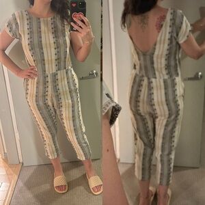 Ace & Jig Cream and Beige Striped Short-Sleeve Scoop Back Market Jumpsuit Sz S